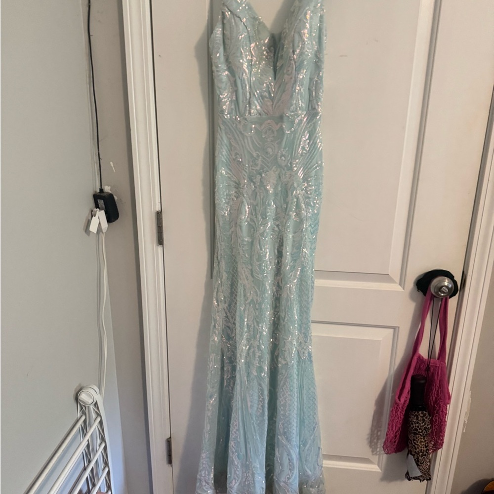 Light Blue Sequined V-Neck prom dress